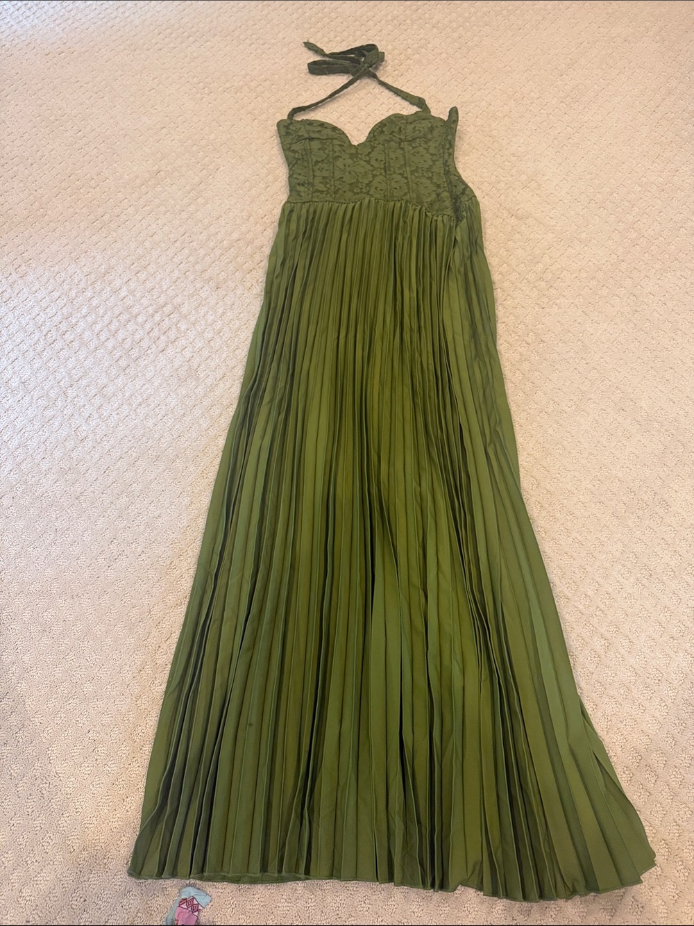 Beautiful  Olive Green Lace Halter Pleated Maxi Dress